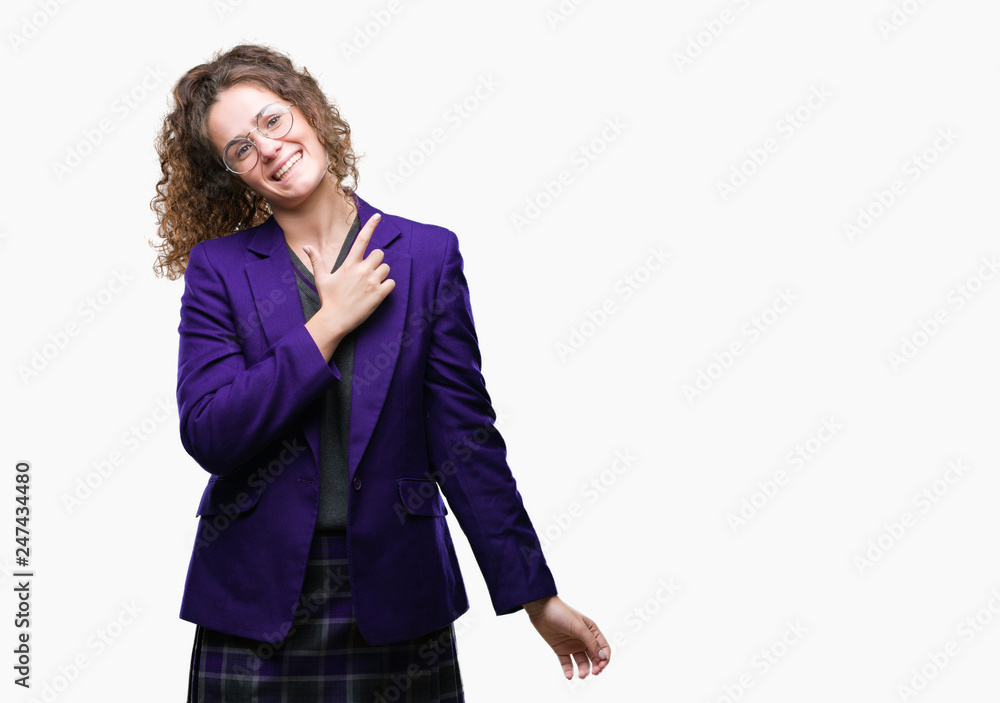 Young brunette student girl wearing school uniform and glasses over isolated background cheerful with a smile of face pointing with hand and finger up to the side with happy and natural expression Young brunette student girl wearing school uniform and glasses over isolated background cheerful with a smile of face pointing with hand and finger up to the side with happy and natural expression