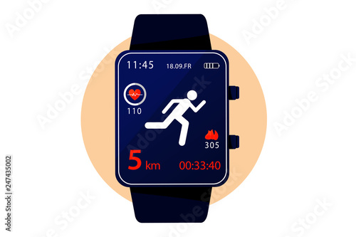 Illustration of sport tracker. Fitness bracelet and set flat icon watches monitoring heart rate, calories, steps, and other options. Vector flat illustration.