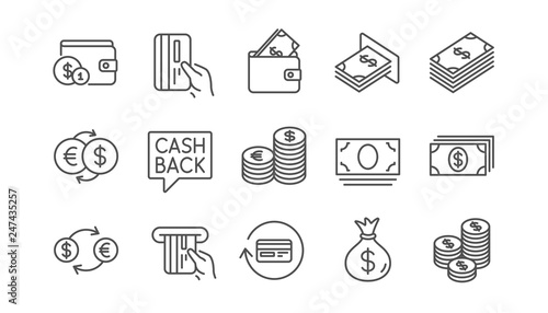 Money and payment line icons. Cash, Wallet and Coins. Account cashback linear icon set.  Vector
