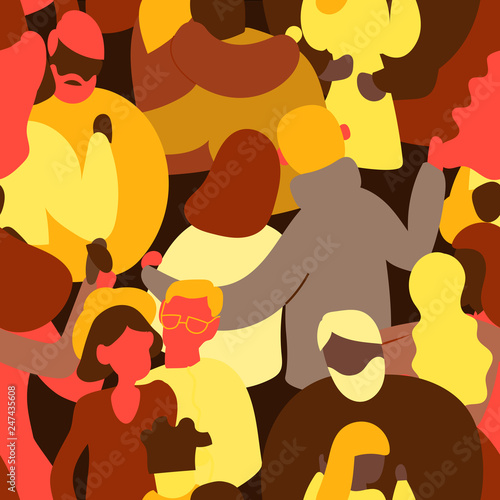 Crowd of people seamless pattern. Tiny man and woman. Different couples heterosexual gay lesbian mix race. Vector flat illustration