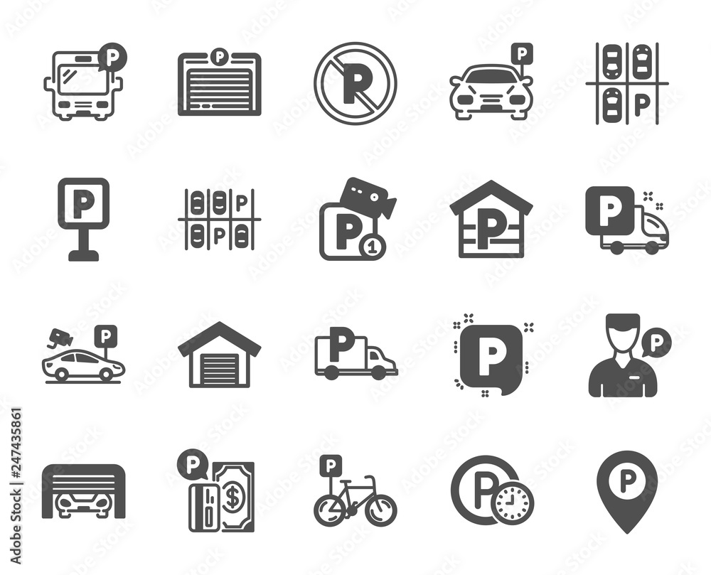 Parking icons. Car garage, Valet servant and Paid transport parking icons. Video monitoring, Bike or Car park and Truck or Bus transport garage. Money payment, Map pointer and Free park. Vector Parking icons. Car garage, Valet servant and Paid transport parking icons. Video monitoring, Bike or Car park and Truck or Bus transport garage. Money payment, Map pointer and Free park. Vector