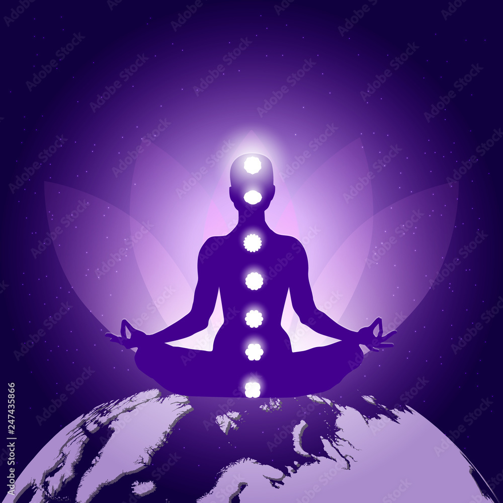 Silhouette of Person in yoga lotus asana sitting on planet Earth on dark blue purple background with lotus flower, seven chakras and lighting