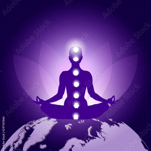 Silhouette of Person in yoga lotus asana sitting on planet Earth on dark blue purple background with lotus flower, seven chakras and lighting
