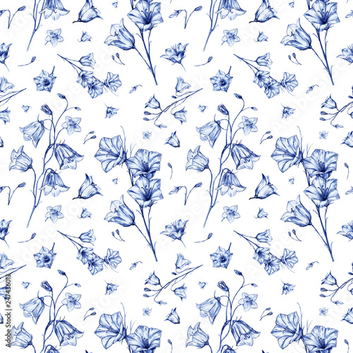 Hand drawn floral seamless pattern background with randomly located elegant blue bluebell flowers on white background