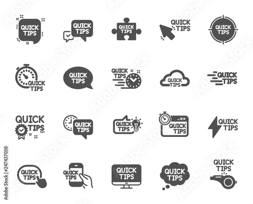 Quick tips icons. Set of Helpful tricks, Solution and Quickstart guide icons. Tutorial, helpful tips and turning tricks. Hand hold smartphone, Quick chat, tutorial, whistle signs. Vector