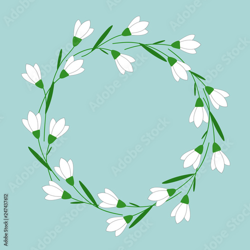Vector illustration. Floral greeting card with snowdrops. Hand drawn spring wreath for invitation, wedding or postcard.