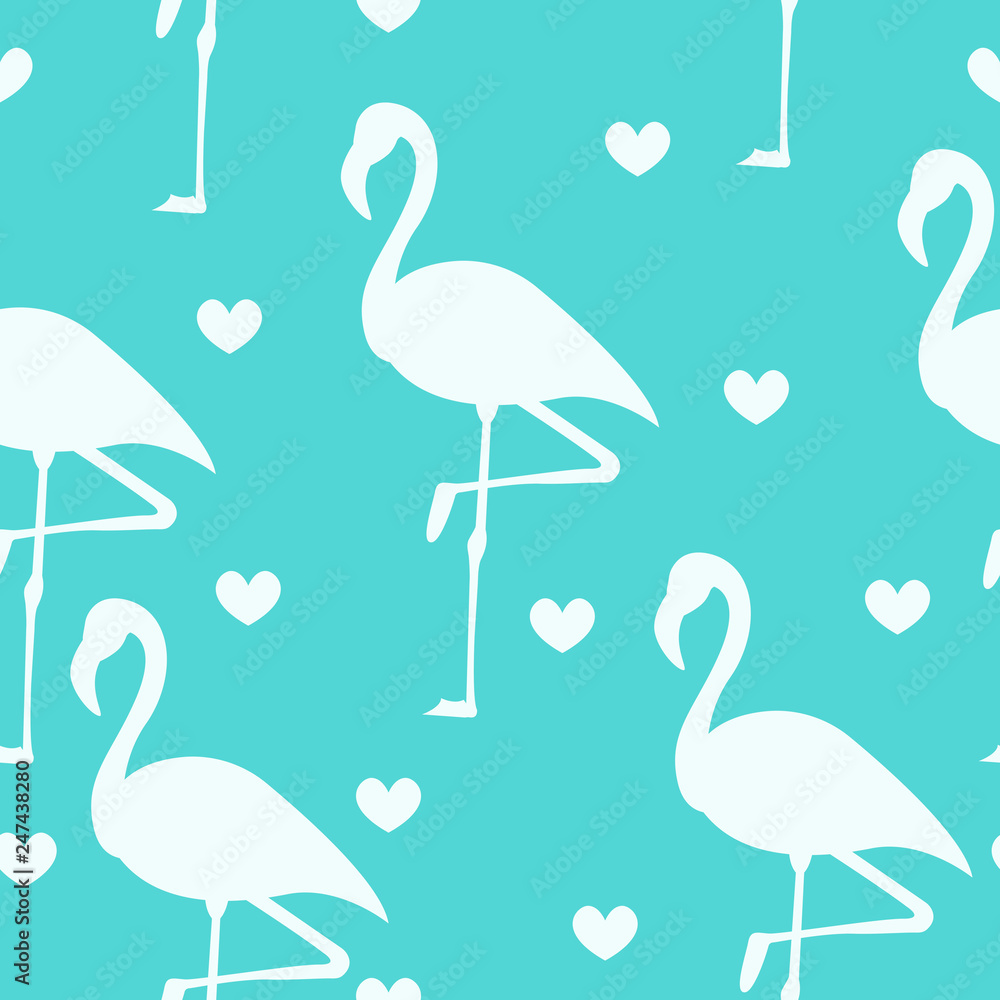 Obraz premium Tropical flamingo pattern. Seamless flamingo pattern with hearts, Vector illustration.