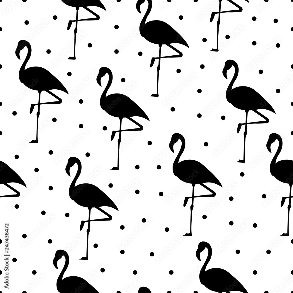 Tropical flamingo pattern. Seamless flamingo pattern. Polka dots. Vector illustration.