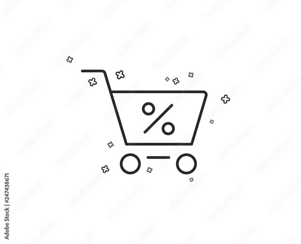 Shopping cart with Percentage line icon. Online buying sign. Supermarket basket symbol. Geometric shapes. Random cross elements