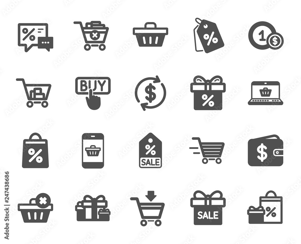 Shopping wallet icons. Gift, Present and Sale offer signs. Shopping cart, Delivery gift and Tags symbols. Speech bubble, Discount, sale and wallet. Online buying. Surprise present. Vector Shopping wallet icons. Gift, Present and Sale offer signs. Shopping cart, Delivery gift and Tags symbols. Speech bubble, Discount, sale and wallet. Online buying. Surprise present. Vector
