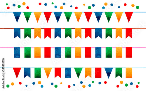 Watercolor painting colorful flags garland isolated on white background.Rainbow color flag garland bright buntings garlands illustration for invitation card design carnival  greetings event backdrop..