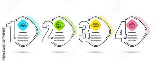 Infographic template 4 options or steps. Set of Certificate, Bus tour and Quick tips icons. Share idea sign. Certified guarantee, Transport, Helpful tricks. Solution.  Process diagram, workflow layout