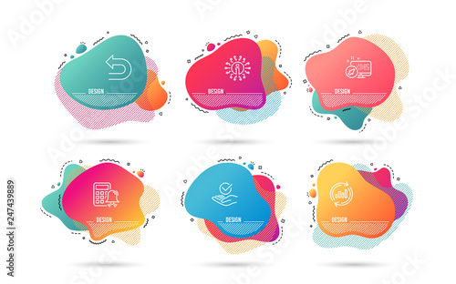 Dynamic liquid shapes. Set of Approved, Update data and Calculator alarm icons. Undo sign. Verified symbol, Sales chart, Accounting. Left turn.  Gradient banners. Fluid abstract shapes. Vector