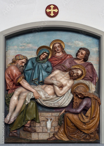 14th Stations of the Cross, Jesus is laid in the tomb and covered in incense, the parish church of St. Peter and Paul in Oberstaufen, Germany 