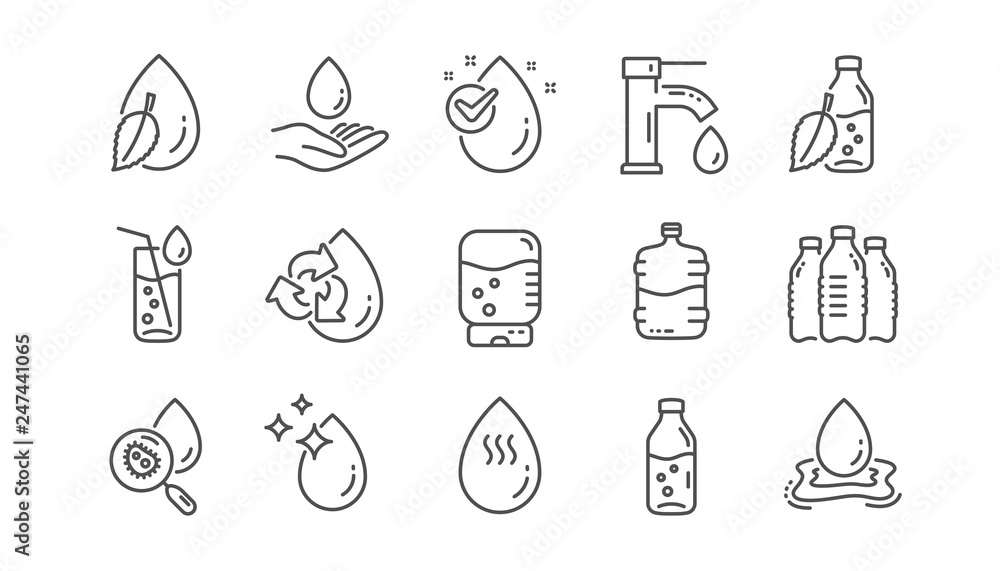 Water drop line icons. Bottle, Antibacterial filter and Tap water. Clean water linear icon set.  Vector