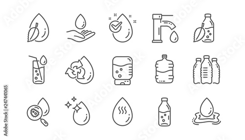 Water drop line icons. Bottle, Antibacterial filter and Tap water. Clean water linear icon set.  Vector