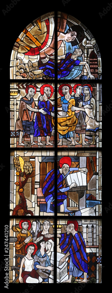 Scenes from the life of St. Paul, stained glass window in the parish church of St. Peter and Paul in Oberstaufen, Germany