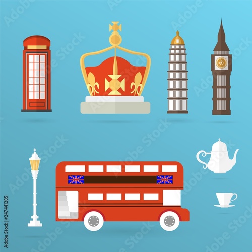 Vector color Great Britain and London city symbols icon set. Eps 10