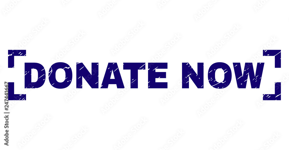 DONATE NOW text seal watermark with grunge effect. Text caption is placed between corners. Blue vector rubber print of DONATE NOW with grunge texture.