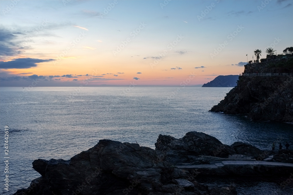 Ligurian 5 Terre sea winter sunset. Color image