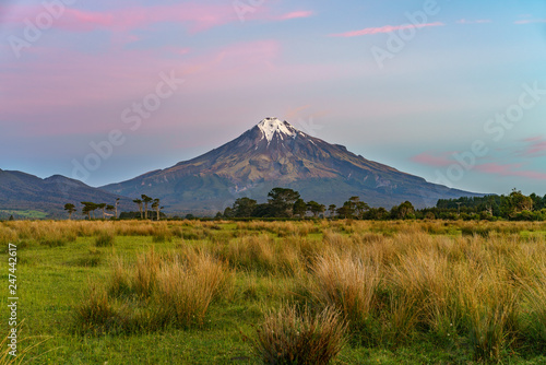 sunset at cone volcano mount taranaki, new zealand 12