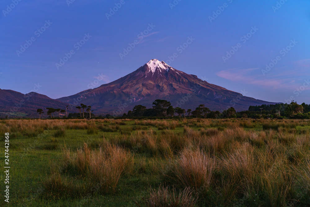 blue hour at cone volcano mount taranaki, new zealand 6