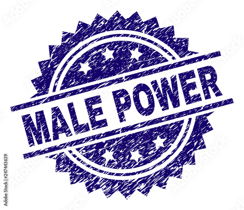 MALE POWER stamp seal watermark with distress style. Blue vector rubber print of MALE POWER title with scratched texture.