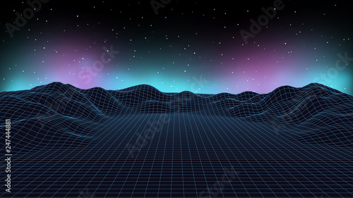3d sci-fi retro connection background. Wireframe topography landscape. Blockchain and crypto currency technology background. Digital landscape. HUD elements. Big data and artificial intelligence. photo