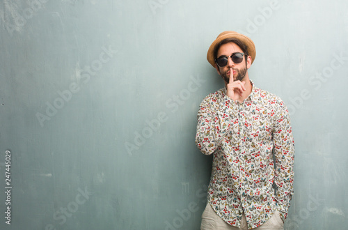 Young traveler man wearing a colorful shirt keeping a secret or asking for silence, serious face, obedience concept