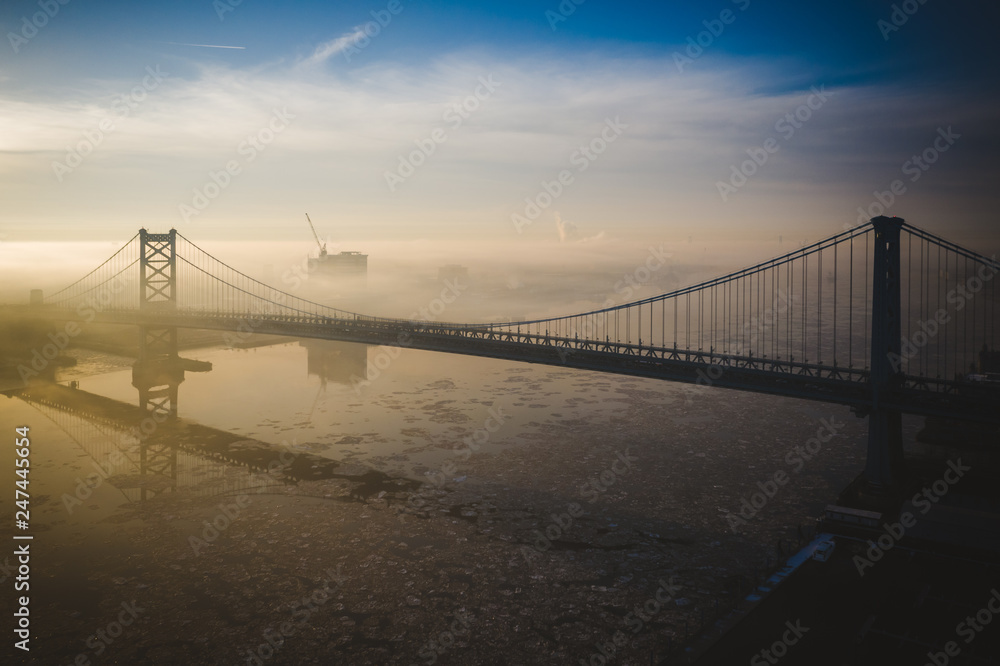Aerial of Foggy Sunrise Benjamin Franklin Bridge Aerial of Foggy Sunrise Benjamin Franklin Bridge