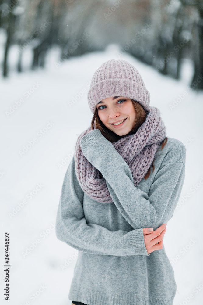 beautiful smiling girl stands on the road in a hat and sweater in the winter beautiful smiling girl stands on the road in a hat and sweater in the winter