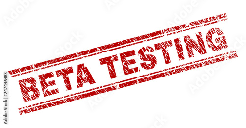 BETA TESTING seal watermark with corroded texture. Red vector rubber print of BETA TESTING caption with corroded texture. Text caption is placed between double parallel lines.