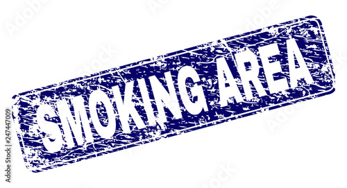 SMOKING AREA stamp seal imprint with grunge texture. Seal shape is a rounded rectangle with frame. Blue vector rubber print of SMOKING AREA label with grunge texture.