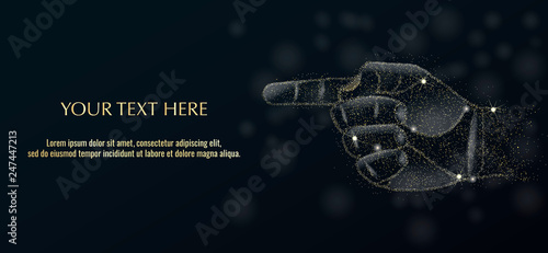 Image of a hand showing forefinger in the form, consisting of points and stars on dark background. Business concept. Ad background.