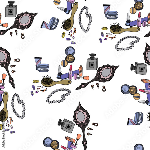  Seamless pattern from the set for the girl. Set of female cosmetics and accessories. Mirror, lipstick, hairbrush, elastics and hairpins for hair, carcasses, powder, perfume, beads.  Vector.