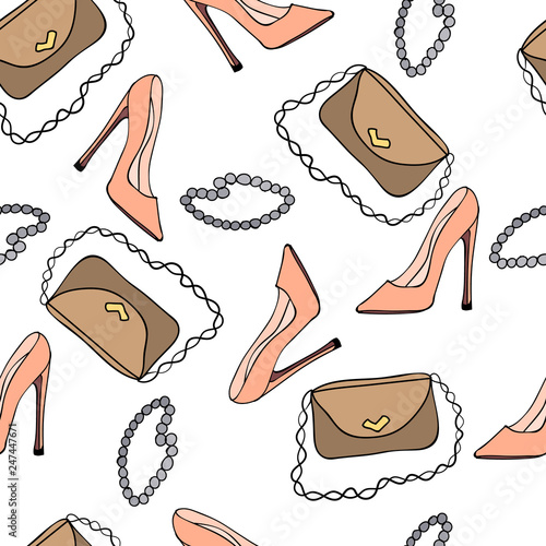 Seamless pattern. The figure shows pink shoes, beads and beige  handbag.The picture is made in multicolored.  Illustration can be used as wallpaper, postcard, cover, background.  Vector illustration.