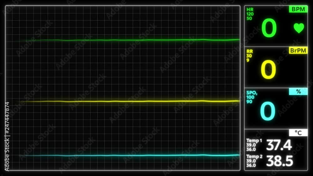 Stylized EKG Flatline, Green. Close up on pixelated heart rate monitor