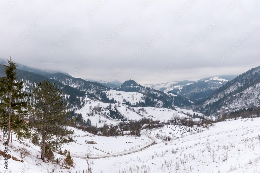 winter rural mountain village. 