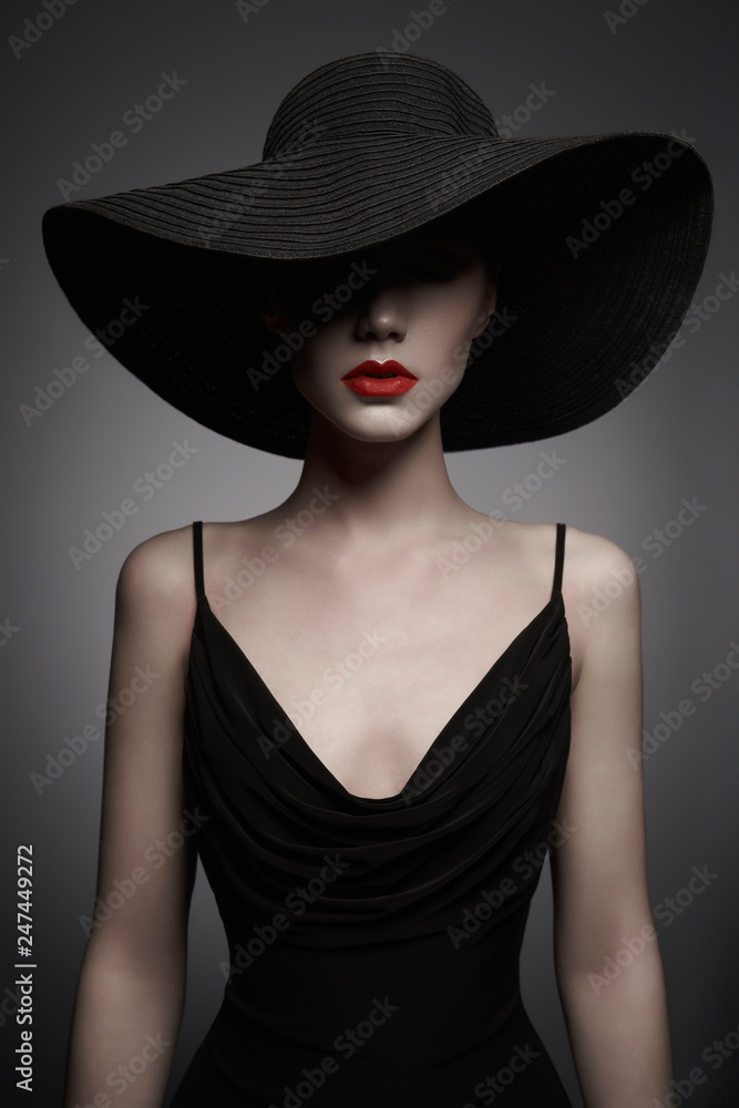 portrait of young lady with black hat and evening dress portrait of young lady with black hat and evening dress