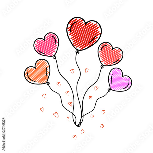Cute colorful heart shaped balloons in doodle style for Valentines day celebration and decoration isolated on white background
