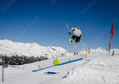 Ski jump in Pas de la Casa, Grandvalira, Andorra. Extrema winter sports photo