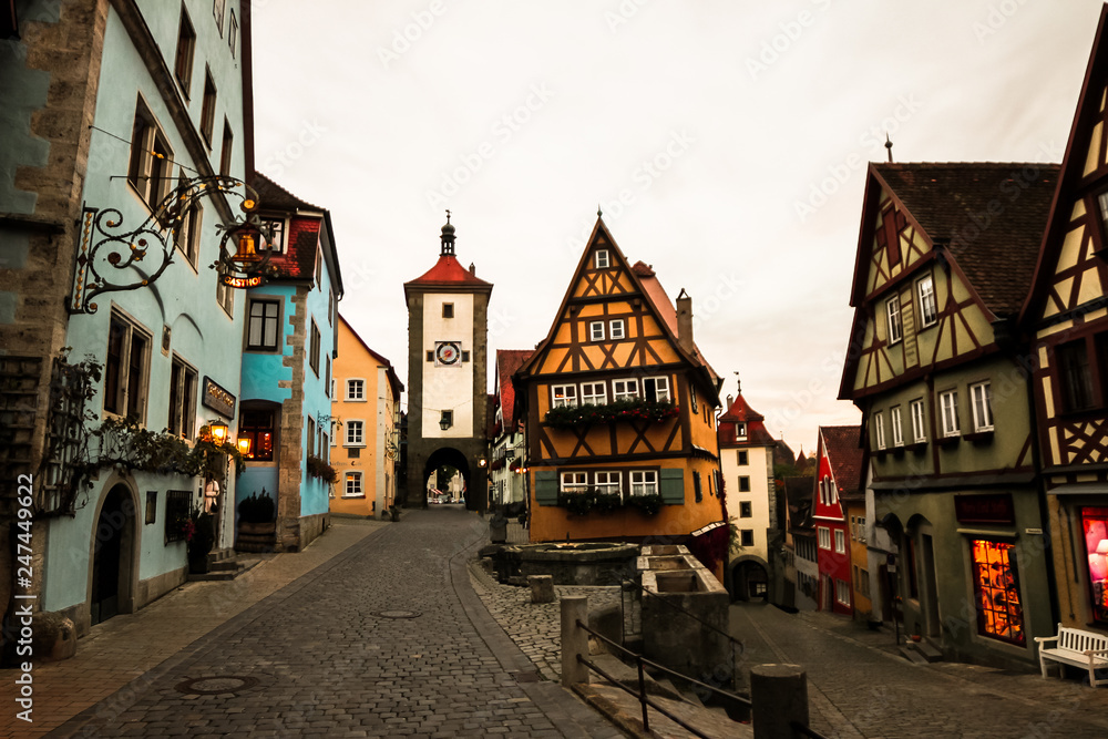 Famous street and colorful houses of Rothenburg.