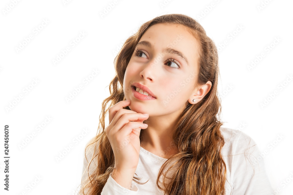 Beautiful young girl thinking or having an idea isolated on white background Beautiful young girl thinking or having an idea isolated on white background