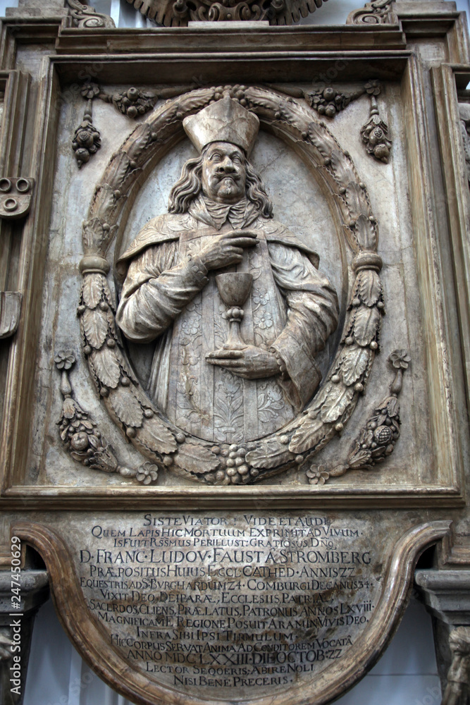 Memorial to the Cathedral provost Franz Ludwig Faust von Stromberg in Wurzburg Cathedral, Bavaria, Germany