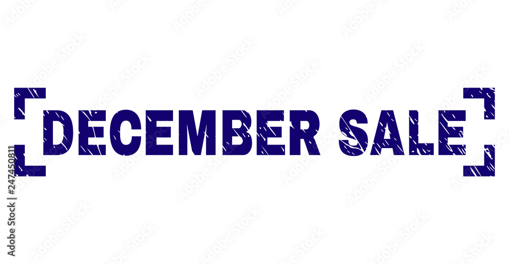 DECEMBER SALE text seal watermark with grunge texture. Text label is placed between corners. Blue vector rubber print of DECEMBER SALE with retro texture.