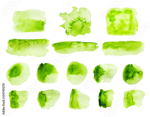 Green watercolor strokes and stains isolated on white background
