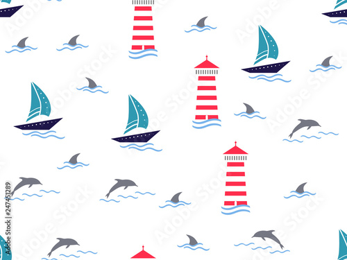Marine, lighthouse, sailboat seamless pattern. Yachts, boats, dolphins, cute doodle baby elements. Sea summer background. Childish background for fabric, baby clothes, Hand drown design for boys.