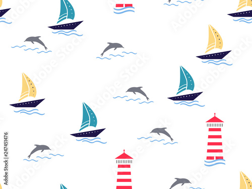 Marine  lighthouse  sailboat seamless pattern. Yachts  boats  dolphins  cute doodle baby elements. Sea summer background. Childish background for fabric  baby clothes  Hand drown design for boys.