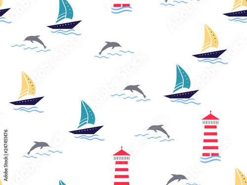 Marine, lighthouse, sailboat seamless pattern. Yachts, boats, dolphins, cute doodle baby elements. Sea summer background. Childish background for fabric, baby clothes, Hand drown design for boys.