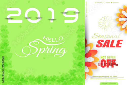 Vector promotional poster of Spring 2019 Seasonal Sale on the gradient green background with white liefs, glow and flowers.